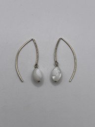 Sterling Modern Dangle Earrings With White Stone Accents 2.48g