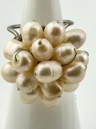 Sterling Adjustable Ring With Pearly Beaded Accent 8.78g Size 5