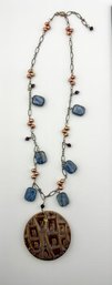 Sterling Necklace With Colored Beads And Clay Pendant 26.19g