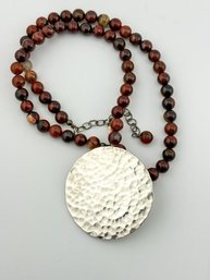 SX Mexico Brown Beaded Necklace With Hammered Sterling Pendant 39.46g
