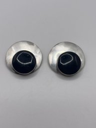 Large Round Sterling Clip On Earrings With Black Stones 19.23g
