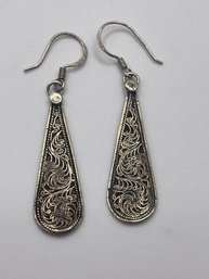 Sterling Earrings With Teardrop Shape And Ornate Design 3.95g