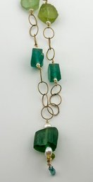 Sterling Necklace With Thin Links And Green Glass Beads 22.09g