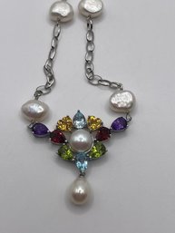 20' Sterling Multi-colored Rhinestone Necklace With Pearlescent Stones 17.23g