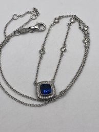 17'  Sterling Necklace With Blue Rhinestone Pendant 3.66g