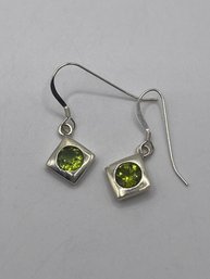 Square Sterling Earrings With Green Stones 3.16g