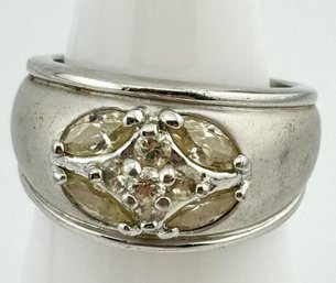 Sterling Wide Band Ring With Clear Rhinestone Design 6.65g Size 7
