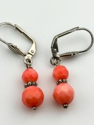 Sterling Dangle Earrings With Coral Colored Beads 3.33g