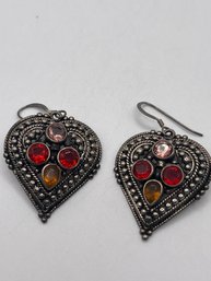 INDIA- Heart Shaped Vintage Sterling Drop Earrings With Red And Gold Stones 11.24g