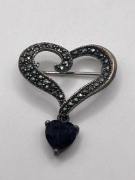 Sterling Heart Pin With Marcasite And Heart Gem 5.85g