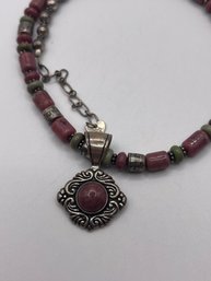 CD Sterling Necklace With Green And Pink Beads With Sterling Pendant 36.52g