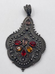 INDIA Large Vintage Sterling Pendant With Red And Gold Stones 18.33g