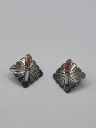 F BARNEY Sterling Square Earrings With Coral And White Bar Bead 4.97g