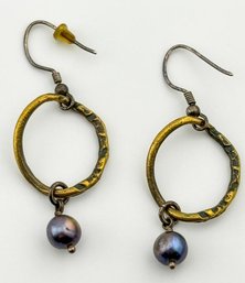 Modern Sterling Dangle Hoops With Black Center Pearl 4.87g