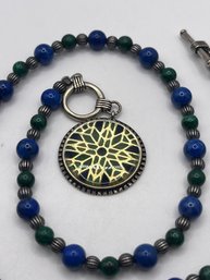 Sterling Necklace With Blue And Green Beads With Pendant 28.44g