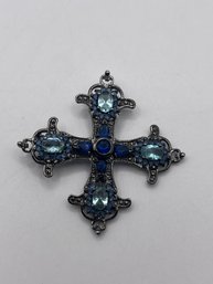 RP Sterling Cross Pendant With Ornate Blue Stones 8.41g