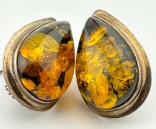 Large Earrings With Amber Colored Teardrop Stones Set In Sterling 14.03g