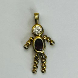 Sterling, Silver Gold Colored Pendant With Person, Design And Purple And Clear Stone 2.33 G