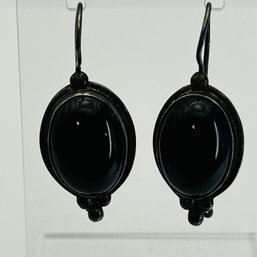 Sterling Silver Hook Back Earrings With Large Black Oval Stone In Bezel  Setting 11.22 G