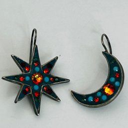 Sterling, Silver Star And Moon Earrings Blue With Colored Stones 6.34 G