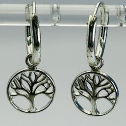 Sterling Silver Earrings With Huggie Back And Dangle Tree Detail 2.07 G