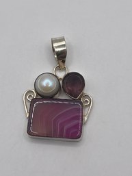 Sterling Square Shape Pendant With Multiple Stones  7.80g