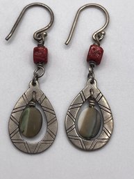Sterling Earrings With Red Coral Bead And Abalone Shell Bead  3.44g