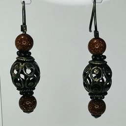 Sterling Silver Hook, Dangle Earrings With Filigree Beading  And Orange Sparkle Beads 6.52 G