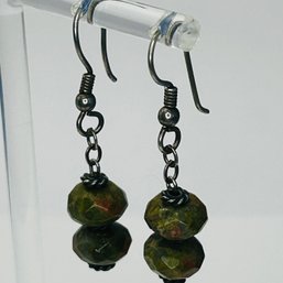 Sterling Silver Hook Dangle Earrings With Green Hammered Beads, 4.75 G