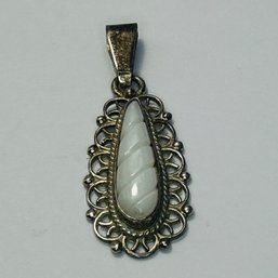 Mexico, Sterling Silver Pendant With Teardrop White Stone Filigree Detail 6.24 G