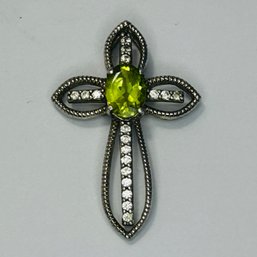 JWBR Sterling Silver Cross Pendant With Green Center-stone And Clear Stones In Cross Shape 2.14 G