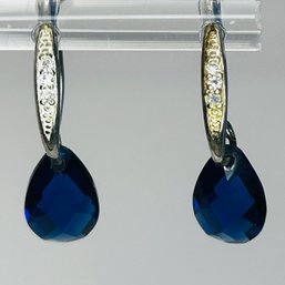 NV Sterling, Silver Hook Back Earrings With Bright Blue Dangle Stone 1.51 G