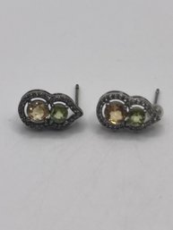 Sterling Earrings With Green And Amber Gems  2.05g
