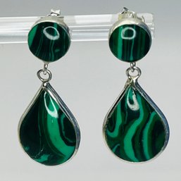 Sterling Silver Teardrop, Dangle Stud Back Green Marble Earrings, 3.51 G