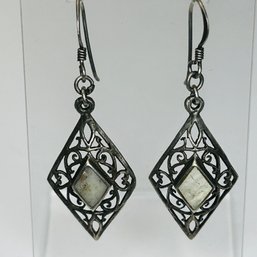 Sterling Silver Dangle Earrings With Hook Back Filigree Detail And White Stone 4.01 G