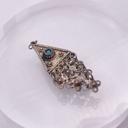 Vintage Israel Filigree Sterling Pendant W/ Turquoise Stone, 2.4g