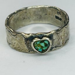 Israel, Sterling Silver Band With Turquoise Heart Stone Signed Unknown  Size 6.5, 3.20 G