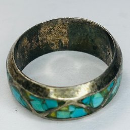 Silver Band With Inset Triangle Turquoise Stones Size 6, 3.15 G