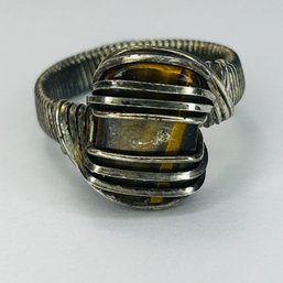Sterling Silver Ring With Earthtoned Silver Wrapped Stone And Band Size 7, 6.07 G