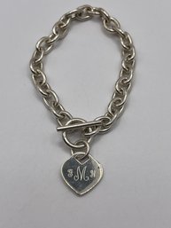 Sterling Link Chain Bracelet With Heart Charm   25.72g
