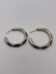 Sterling Hoop Earrings With Navy Blue Inlay   9.12g