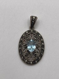 Sterling Marcasite Pendant With Blue Gem   2.66g