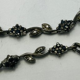 Sterling Silver Bracelet With Blue Stone, Flowers And Clear Stone Leaf Detail 8.55 G