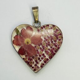 ATI Mexico, Sterling, Silver Heart Pendant With Dried Set Flowers 4.91 G
