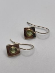 Sterling Dangle Square Earrings With Light Green Stone   3.86g