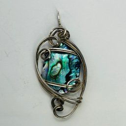 Sterling Silver Pendant With Wrapped Silver Design Over Iridescent Blue Stone, 4.48 G