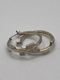 Sterling Hoop Earrings With White, Yellow And Purple Inlay    9.96g