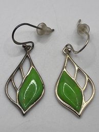 Sterling Dangle Leaf Earrings With Lime Colored Inlay   3.63g