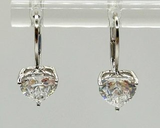 Sterling Hook Earrings With Cubic Zirconia Hearts 2.00g