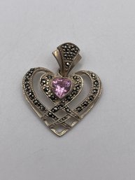 Sterling Marcasite Heart Pendant With Pink Gem  4.17g